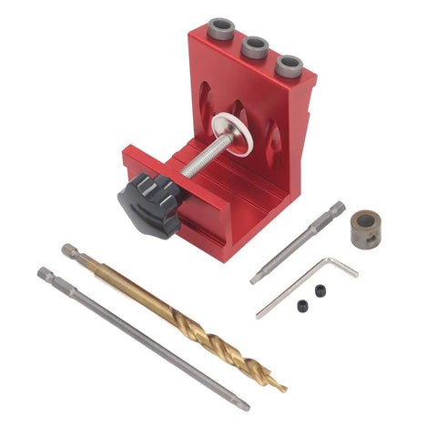 Heavy Duty Slick Aluminum Pocket Hole Jig Kit With Top Shelf 3 Step Drill Bits And Foolproof Adjustable Depth Settings For Woodworking Up To 45Mm Smooth 15 Degree Angle Furniture Assembly with red jig and drill bits.