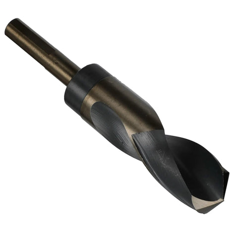 One And One Eighth Inch Reduced Shank High Speed Steel Contractor Drill Bit With Three Flat Shank For Metal Drilling Black And Gold Finish