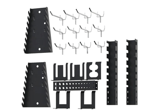 Heavy Duty Garage Storage Cabinet System With Elevated Tool Cabinets And Wooden Workbench Steel Pegboard Wall Organizer Top Shelf Workshop Furniture accessories including hooks and panels.
