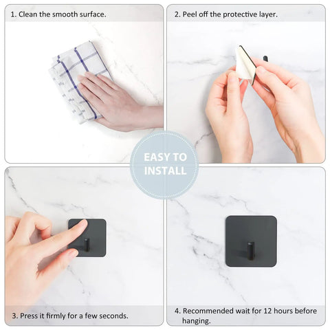 Installation process of Heavy Duty Shower Wall Adhesive Hooks 304 Stainless Steel Matte Black Waterproof Stick On Mounts