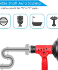 Illustration of Auto-Feed Handheld Drain Auger With 25 Ft Replaceable Cable and 300W Electric Cord, showing flexible snake cleaner in pipe.