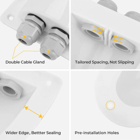 Four views of Two Pack White Solar Double Cable Entry Gland Box For RV Roofs Boats And Yachts Waterproof ABS Housing Fits 14 AWG To 10 AWG Cables All Cable Types And Roof Mount Ready, showing gland features and pre-installation holes.