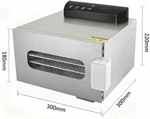 Six Layer Stainless Steel Food Dehydrator Dries Fruit Vegetable Jerky And Herbs Quick With 400W Power side view with dimensions.