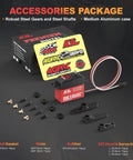 Ultra Fast Brushless RC Servo Motor With Metal Gear for 1 10 Scale Cars Boats And Crawlers Delivers a 0.055 Second Response And Upgraded Digital Precision This Beefy High Torque Servo Is Programmable Via SPV2 And Rocks A CNC Aluminum Shell For Heat Relief - product package with accessories.