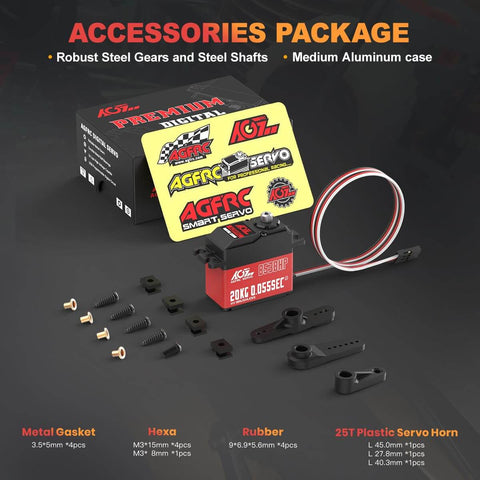 Ultra Fast Brushless RC Servo Motor With Metal Gear for 1 10 Scale Cars Boats And Crawlers Delivers a 0.055 Second Response And Upgraded Digital Precision This Beefy High Torque Servo Is Programmable Via SPV2 And Rocks A CNC Aluminum Shell For Heat Relief - product package with accessories.