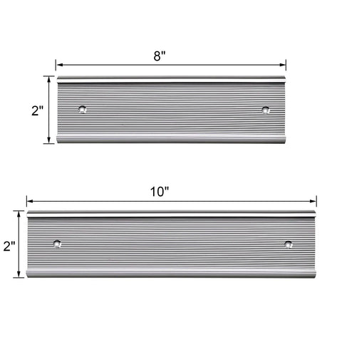 Textured Aluminum Name Plate Holders For Wall And Desk, showing 2x8 and 2x10 inch sizes, durable with screw mounts