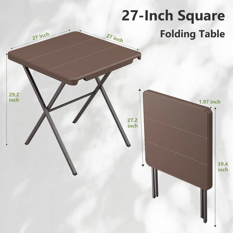 Sturdy Foldable 27 Inch Square Card Table With 400 Lb Capacity shown open and folded, heavy duty steel frame for camping and patio use.