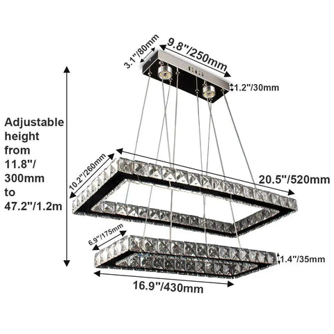 Dimensions of Two Ring Crystal Chandelier LED Ceiling Light in Stainless Steel with adjustable height and dual rings.
