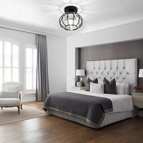 Black Crystal Flush Mount Ceiling Light With Modern Close To Ceiling Design Semi Flush Fixture in a bright bedroom setting