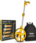Pro Grade Measuring Wheel With Easy Brake At The Handle And One Touch Zero Reset No Fuss with box and carry bag in view.