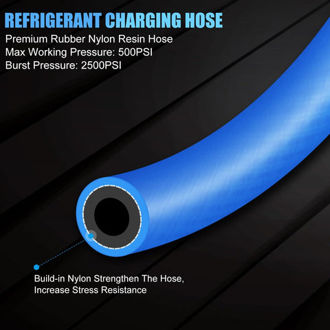 Pro Grade AC Charge Hose With Gauge For R134A Car HVAC Refrigerant Recharge Kit U Charging Hose With Low Pressure Meter Can Tap Quick Coupler Built Tough Anti Corrosion Material One Quarter Inch Fittings, close-up of nylon resin hose cross-section