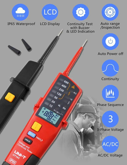 Voltage And Continuity Tester With AC And DC Detection For 12V To 690V Waterproof Design LCD Display And Audible Buzzer UT18C For Real World Electricians And DIY Pros
