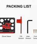 Packing list showing Compact Dowel Cutter Plate With Indexable Carbide Inserts For Drills Eight Imperial Holes From Five Sixteenths To Three Quarters Of An Inch In One Sixteenth Inch Increments Pro Grade Sleek Dowel Maker For Smoother Cuts, along with T20 wrench, Allen wrench, and fixing screws.