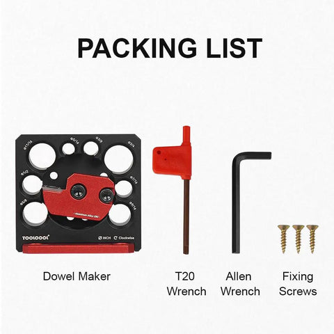 Packing list showing Compact Dowel Cutter Plate With Indexable Carbide Inserts For Drills Eight Imperial Holes From Five Sixteenths To Three Quarters Of An Inch In One Sixteenth Inch Increments Pro Grade Sleek Dowel Maker For Smoother Cuts, along with T20 wrench, Allen wrench, and fixing screws.