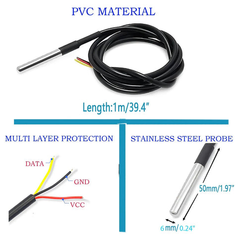 Five Pack 1 Meter Waterproof DS18B20 Temperature Sensor Probes For Arduino Projects EK1083 Digital Thermal Probes With One Wire Interface Durable Waterproof Cable Easy DIY Temperature Readouts