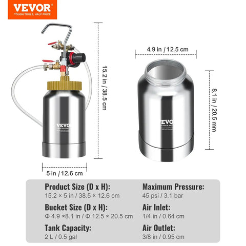 Dang Lightweight 2 Liter Spray Paint Pressure Pot With Pneumatic Air Hose for automotive use, 2L, steel build, 45 PSI max.
