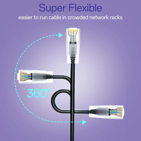 Flexible Ultra Slim Cat6a Patch Cables 1Ft Pack Of 10, Pure Copper 28AWG Ethernet Cables shown from different angles.