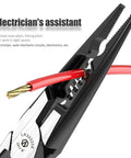 Close-up of 1000V insulated multifunction pliers cutting red wire, emphasized by 'Electrician's assistant' note.