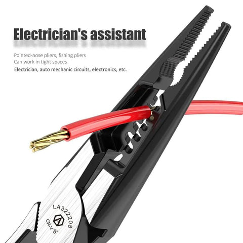 Close-up of 1000V insulated multifunction pliers cutting red wire, emphasized by 'Electrician's assistant' note.