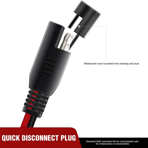 Close-up of Quick Disconnect Plug for Heavy Duty 2 Pack SAE Extension Cable 12 Foot 16AWG Wiring Harness, waterproof cover shown.