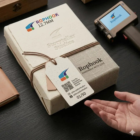Handheld Portable Date Code Printer With Two Refillable Ink Cartridges Adjustable Dual Nozzle Setup For Crisp Text And QR Codes On Bags And Boxes; packaging with label and tag on wood surface.