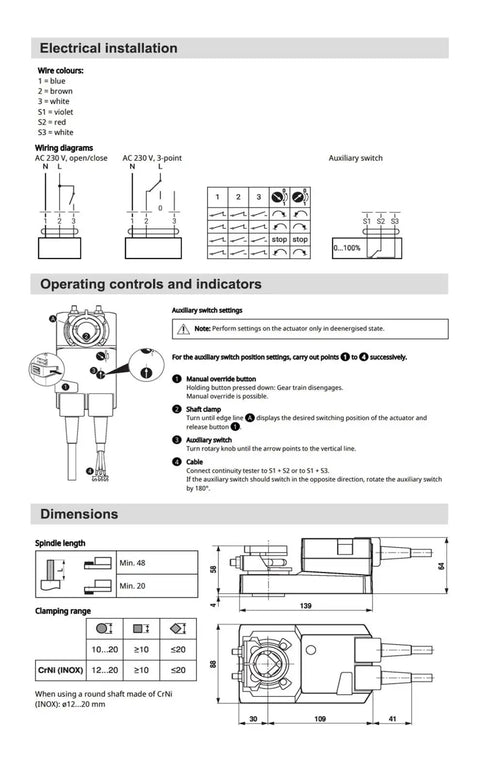 SM230A-S Heavy Duty HVAC Damper Actuator And Ball Valve Motor wiring diagram with installation instructions and dimensions.