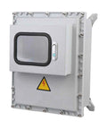 Front view of outdoor junction box with viewing window, lock, and mounting plate; cast aluminum housing.