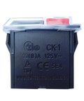 Heavy Duty 4 Pin Industrial Push Button Switch 125V 10 Amp Waterproof On Off Control For Bench Drills Grinders And Power Tools IP54 Rated Built Like A Tank Two Pack viewed from the side showing black housing and label.