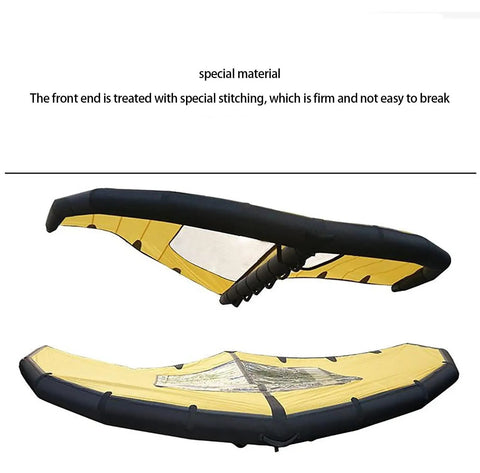 Yellow inflatable wing for kite surfing and windsurfing handheld wing foil with window, dual airbags, nylon construction