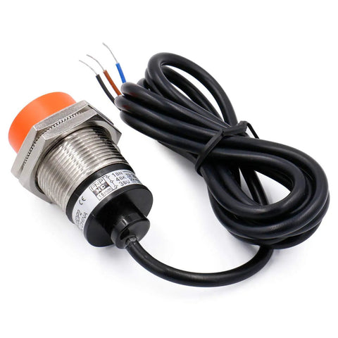 Industrial Grade M30 Inductive Proximity Sensor Switch PR30-15DP2 with wires, 15mm detection, cylindrical, 3-wire PNP, robust build.