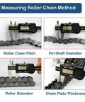 Measuring roller chain method with calipers, showing chain pitch, pin shaft diameter, roller diameter, and chain plate thickness.