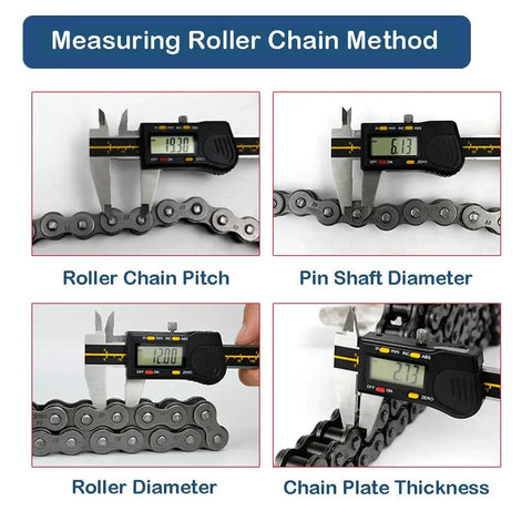 Measuring roller chain method with calipers, showing chain pitch, pin shaft diameter, roller diameter, and chain plate thickness.