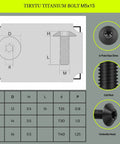 Diagram and specifications of Beefy Titanium M5x15 Bolts 4 Pack Ultra Strong Corrosion Resistant Screws For Bikes And Motorcycles.