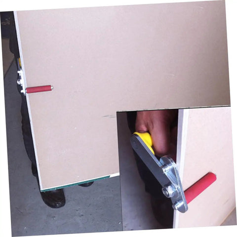 Heavy Duty Drywall Lifter And Gypsum Board Handler With Adjustable Rock Solid Grip showcasing clamp mechanism holding gypsum board.