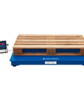 Rock Solid Ntep Certified Pallet Scale With Bright Led Indicator Forty Inch Platform with wooden pallet on blue steel deck.