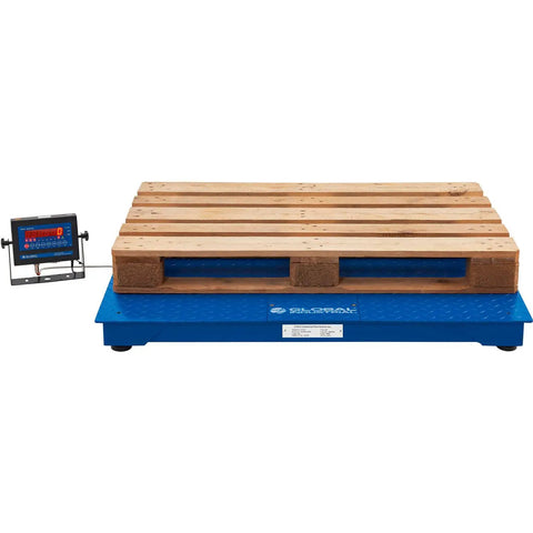 Rock Solid Ntep Certified Pallet Scale With Bright Led Indicator Forty Inch Platform with wooden pallet on blue steel deck.