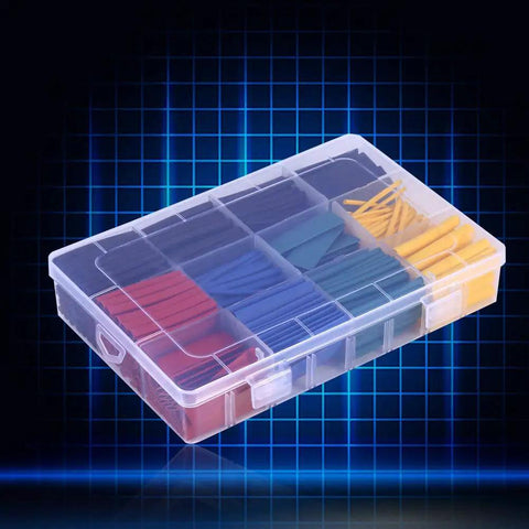 Comprehensive 530-Piece Heat Shrink Tubing Kit With 1.5 mm To 10 mm Shrink Tubes In Multicolor Black Red Yellow Blue Green For Garage-Ready Auto Wiring And DIY Projects, Halogen Free, 2:1 Shrinkage, Pro-Grade Cable Insulation in a transparent case.