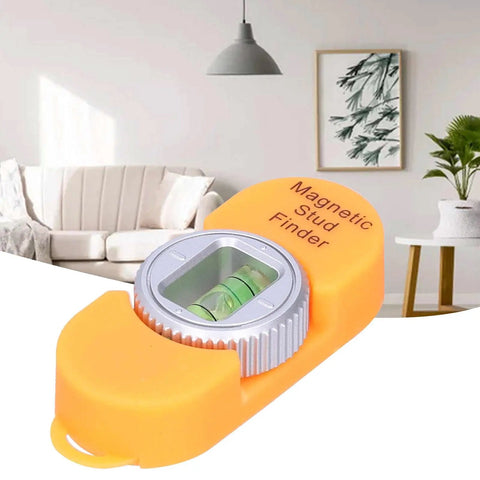 Aqur2020 Magnetic Stud Finder, Portable Wall Detector with Level Gauge (Orange) on a table in a modern living room.