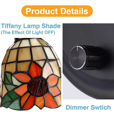 Bedside Wall Mount Lamp With Dimmable Switch, Industrial Gooseneck Sconce With Plug In Cord, Sea Blue Stained Glass Shade, close-up of Tiffany-style shade and dimmer switch