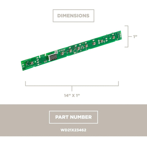 Dishwasher User Interface Replacement WD21X23462 Control Panel With Cycle Settings Display dimensions 14x1 inches view.