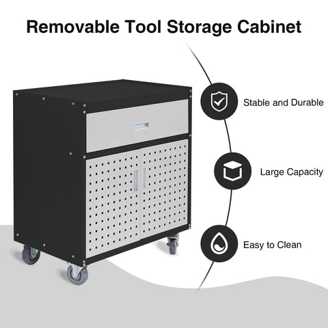 Mobile Garage Storage Cabinet With Wheels Pegboard Drawer And Adjustable Shelf For Tools And Hardware Built In Door Pegboard For Hanging Heavy Duty Easy Roll Metal Tool Cabinet For Workshop Organization, black metal cabinet with casters