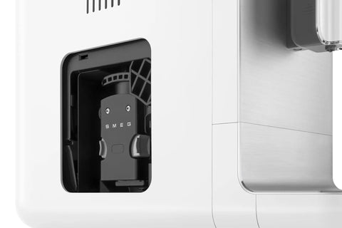 Close-up of the durable steel burr grinder in the Real Deal Fully Automatic Espresso Machine With Durable Steel Burr Grinder For Bold Whole Bean Coffee And No Fuss Brewing In Sleek Matte White Kitchen Essentials.