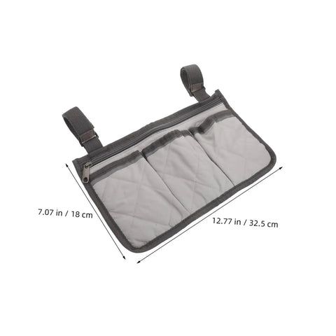 Safety Bed Rail Organizer With Four Pockets And Large Capacity Strap Bag for Nursing Care Beds showing dimensions and pockets