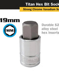 Heavy Duty Half Inch Drive Hex Bit Socket 19mm Chrome Vanadium Construction with Durable S2 Alloy Bits for Long Lasting Performance