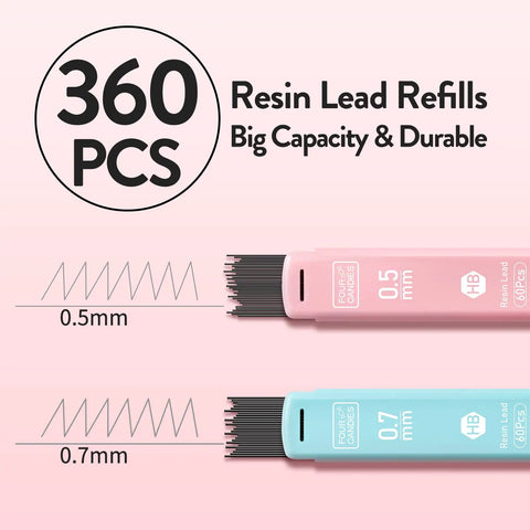 Pastel Mechanical Pencil Set With Six Pencils 0.5 And 0.7 Millimeter Lead Plus 360 HB Lead Refills Erasers And Eraser Refills