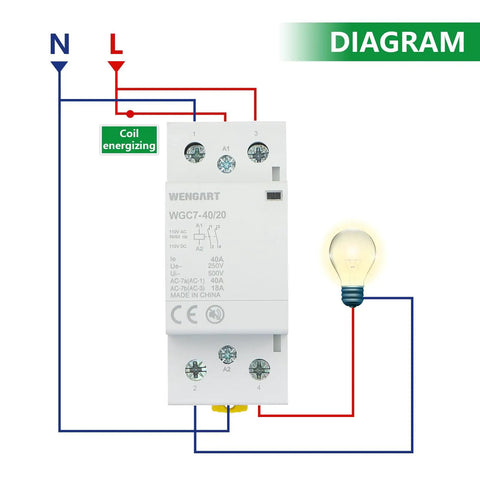 Schematic diagram of Silent Heavy Duty 40A AC DC Contactor 2 Pole 2NO With 120V Coil and light bulb indication.