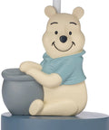 Pooh Themed Lamp With Shade And Bulb For Kids Room, Winnie The Pooh Night Light With Honey Pot, White Geometric Shade On Gray Ground