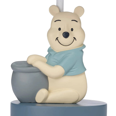 Pooh Themed Lamp With Shade And Bulb For Kids Room, Winnie The Pooh Night Light With Honey Pot, White Geometric Shade On Gray Ground