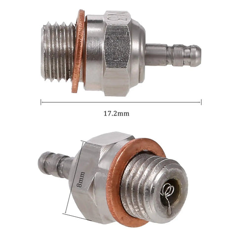 Close-up of 4 Pack Hot Glow Plug N3 For Nitro RC Engines showing dimensions and design details of platinum/iridium spark plugs.