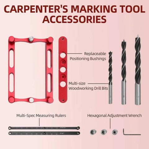 Heavy Duty Center Finder Gauge With Interchangeable Stainless Rods showing marking tool accessories and drill bits for wood joinery.